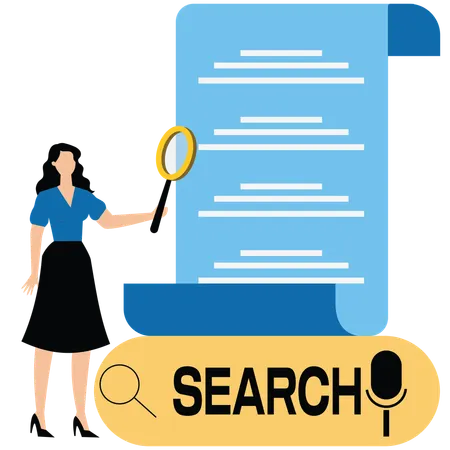 Search engine bar with businesswoman hold magnifying glasses surfing internet  Illustration