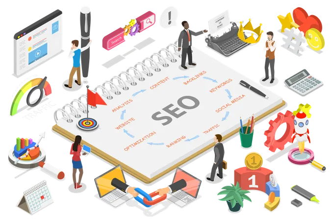 3 D Isometric Vector Conceptual Illustration Of Search Engine Optimization Steps As Following Website Analysis Content Backlinks Keywords Social Media Traffic Ranking Optimization Illustration