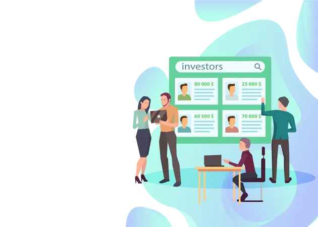 Landing Page Of Business Website Search For Investors Concept People Searching Sponsors For Project Or Startup Colleagues Choosing Candidate From Board With Investor Cards Money In Bank Accounts Illustration