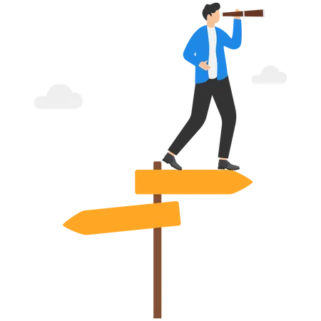 Search For The Right Direction Business Opportunity Or Success Make A Decision Or Career Path Vision To See Future Concept Smart Businessman Look Through Spyglass Or Binoculars To Discover Solution Illustration