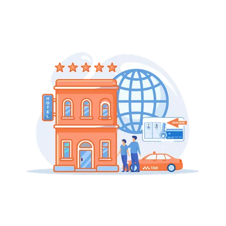 Searching five star hostel and Ordering taxi  Illustration