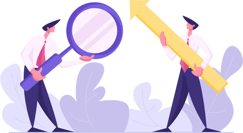 Successful Business Concept With Businessman Holding Rising Up Big Arrow Man With Magnifying Glass Business Research Data Analysis Vector Flat Cartoon Illustration Illustration