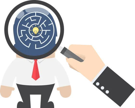 Hand Use Magnifying Glass To Search Idea In Businessman Head Searching For Good Idea Concept Illustration