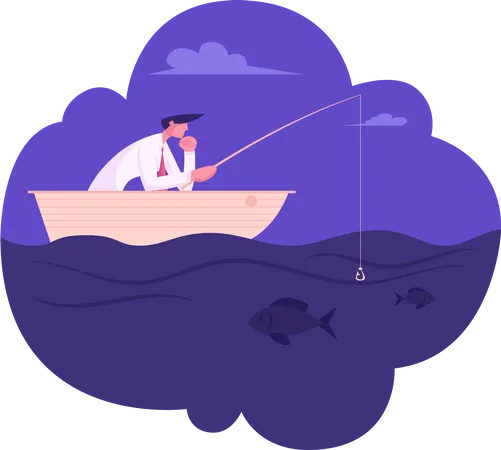 Businessman In Formalwear Sitting In Boat With Fishing Rod Catching Fish Without Bait On Hook Business Man Have No Lure Fish Dont Bite Useless Work Creative Crisis Cartoon Flat Vector Illustration 일러스트레이션