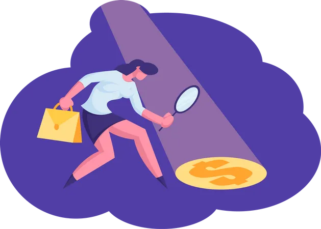 Businesswoman Searching For Source Of Profit And Money Wealth Looking Through Magnifier Glass On Dollar Sign In Light Ray On Floor Earning And Benefit Idea Concept Cartoon Flat Vector Illustration 일러스트레이션