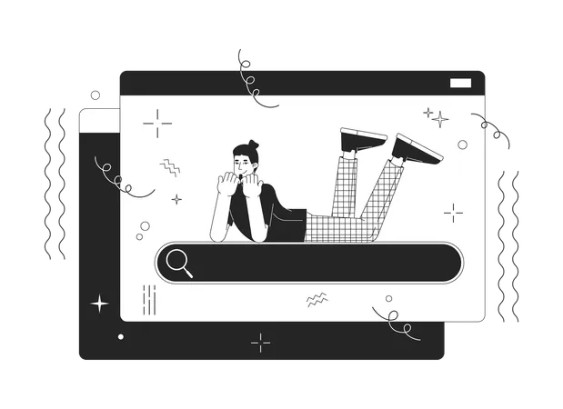 Searching Information On Internet 2 D Linear Illustration Concept Positive User Lying On Search Field Cartoon Outline Character Isolated On White Data Browsing Metaphor Monochrome Vector Art Illustration