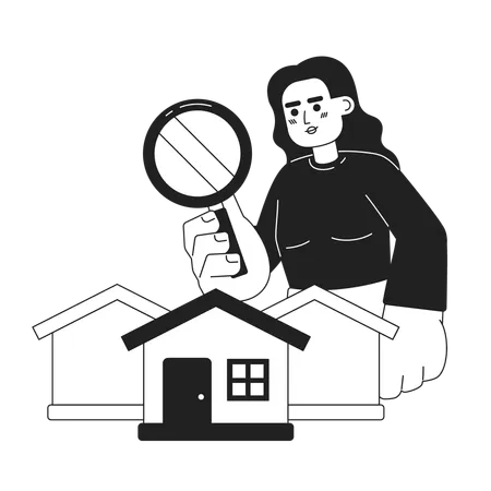 Searching Suburban Homes For Sale Black And White 2 D Illustration Concept Woman Purchase House In Suburbs Isolated Cartoon Outline Character Magnifying Glass Property Metaphor Monochrome Vector Art Illustration