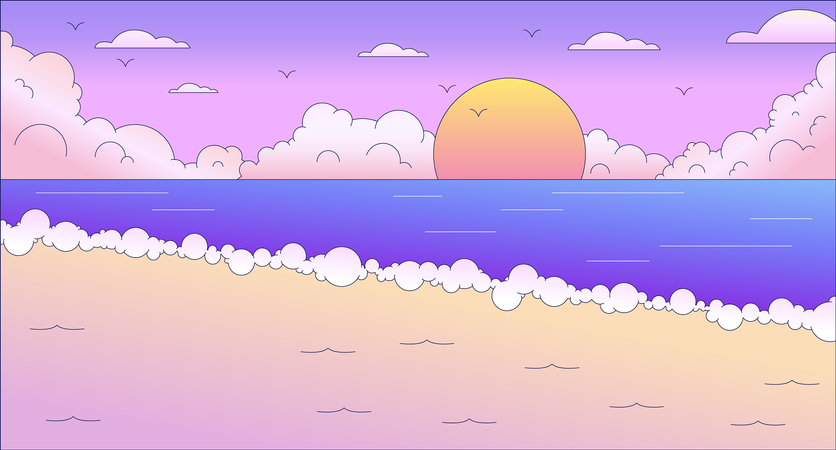 Seascape sunset lo fi chill wallpaper  イラスト