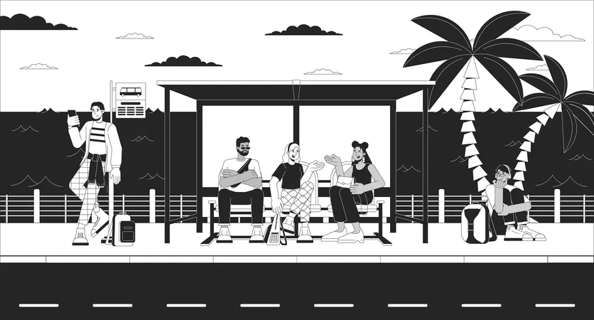Seaside Bus Stop Crowded Black And White Cartoon Flat Illustration Commuter Public Transportation People Waiting For Bus 2 D Linear Background Lo Fi Vibes Monochrome Scene Vector Outline Image Illustration