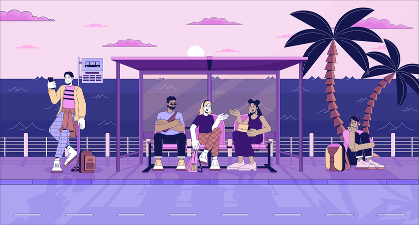 Seaside bus stop crowded  Illustration