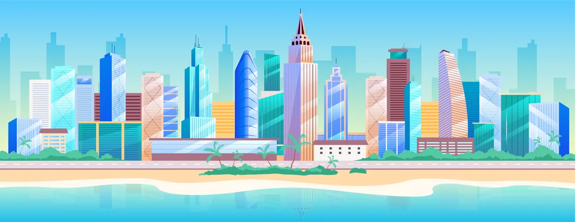 Seaside Metropolis Flat Color Vector Illustration Modern 2 D Cartoon Cityscape With Skyscrapers On Background Urban Resort Summer Recreation City Landscape With Building Near Beach Illustration