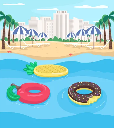 Seaside resort and pool floats Illustration