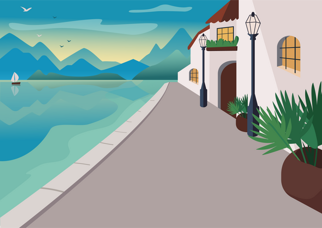 Seaside resort village Illustration