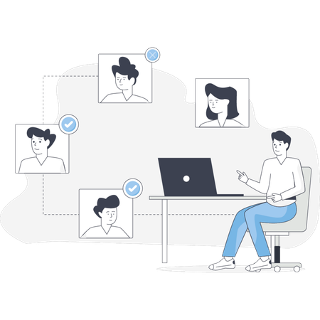 Seated individual at a desk with a laptop while a group of people gathers around conversing  Illustration