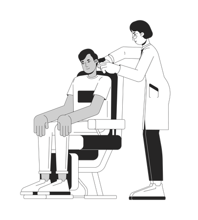 Seated male patient undergoing ear examination by doctors  Illustration