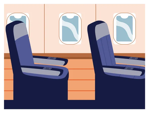 Seats In Plane Near Windows Single Seat In Business Class High Comfortable Trip In Airplane Aicraft Interior With Passenger Seats Blue Cozy Chairs In Plane Colorful Vector Illustration Flat Style Illustration