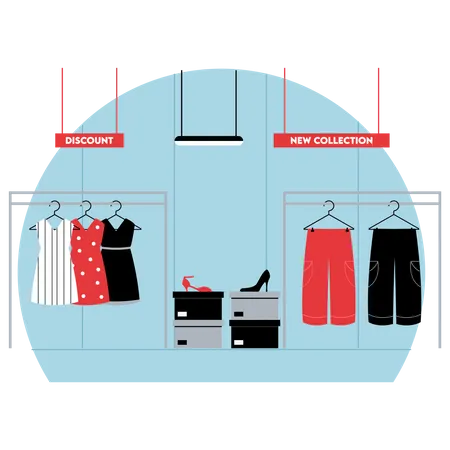 Seção de roupas femininas no supermercado  Ilustração