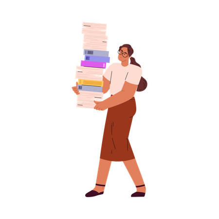 Secrétaire féminine transportant des livres et des documents  Illustration