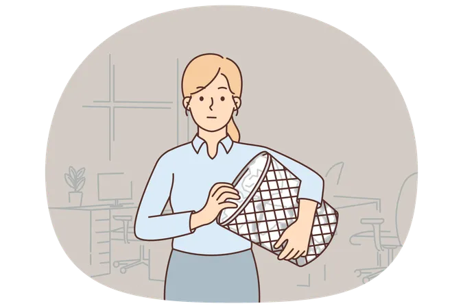 Una secretaria con un bote de basura lleno de papel arrugado busca un documento perdido  Ilustración