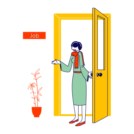 Job Seeking Concept Businesswoman Company Hiring Manager Welcoming New Employee To Enter In Office For Business Meeting Or Work Interview Negotiations Cartoon Flat Vector Illustration Line Art Illustration