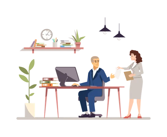 Boss At Office Flat Illustration Businessman Entrepreneur With Secretary Personal Assistant Cartoon Characters Project Manager Employer Working Process Paperwork Concept Workplace Workspace Illustration