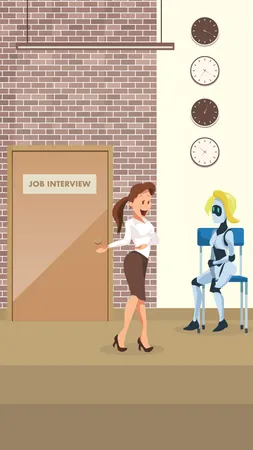 Manager Ask Female Robot To Office Job Interview Woman Bot Sit At Door In Corridor Or Hallway HR Or Boss Invite Artificial Intelligence Candidate For Work Flat Cartoon Vector Illustration Illustration