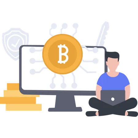 A Man Working On His Laptop The Cryptocurrency Showing On Screen Illustration
