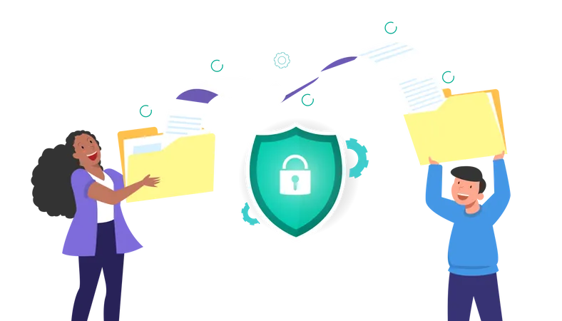 Folder And Files Transferring Move With Security And Padlock And Team People Cartoon Character With Modern Flat Vector Illustration File Transfer With Security Concept Illustration