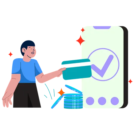 Featuring A Character Interacting With A Secure Digital Payment Platform On A Giant Smartphone This Illustration Highlights The Safety And Convenience Of Modern Financial Technologies Illustration