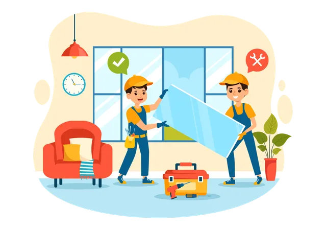 Windows And Doors Installation Service Vector Illustration With Worker For Home Repair And Renovation Use Tools In Flat Kids Cartoon Background Design Illustration