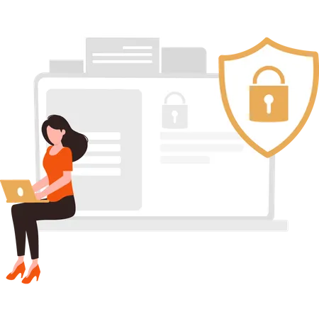 A Girl Sitting On Laptop And Protect Data From Cyber Crime Illustration
