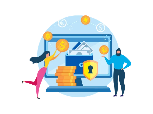 Man And Woman With Virtual Wallet Cryptocurrency Exchange Vector Illustration Bitcoin Blockchain Technology Online Transaction Internet Payment Financial Investment Electronic Currency Rate Illustration