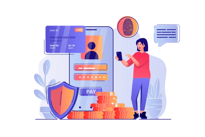 Secure Payment Concept With People Scene Woman Accesses Application Using Password And Fingerprint Scanner Makes Financial Transaction Vector Illustration With Characters In Flat Design For Web Illustration