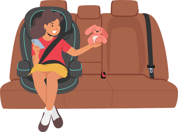 Sécurité des enfants et concept de voyage confortable. Personnage de fille enfant assis sur un siège de voiture, enfant heureux dans une chaise confortable  Illustration