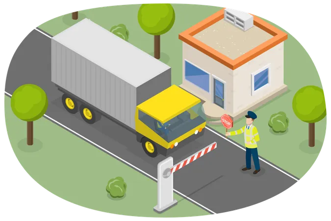 3 D Isometric Flat Vector Conceptual Illustration Of Security Check Of Car Entry Through The Checkpoint Illustration