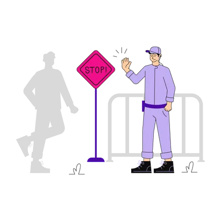 Security Guard at Stop Sign Surveillance  Illustration