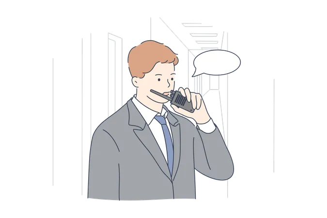 Security Work Concept Young Man Or Guy Safeguard Cartoon Character Using Walkie Talkie Communicating With Colleagues Securing Luxury Property Controlling Perimeter Safety Provision Illustration Illustration