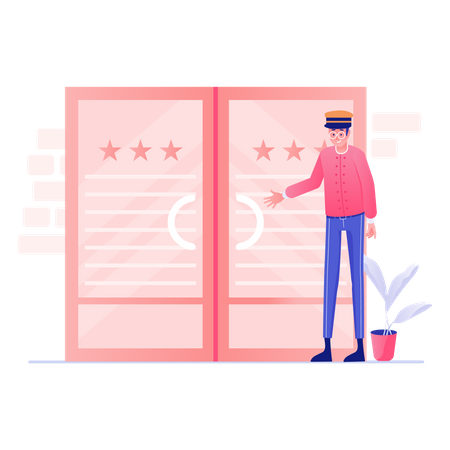 Security Guard Opening Door in three star hotel  Illustration