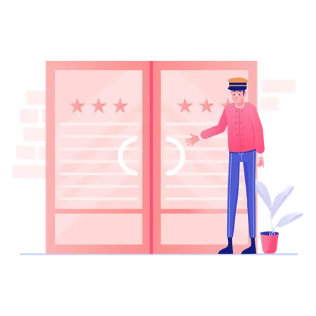 Security Guard Opening Door in three star hotel  Illustration