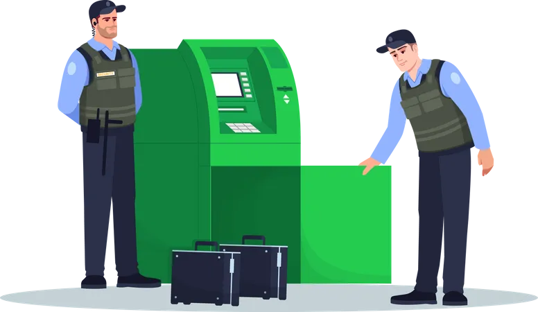 Security guard refilling cash in atm machine Illustration