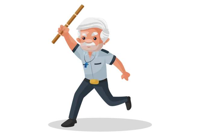 Security guard running and raising wooden stick in air Illustration