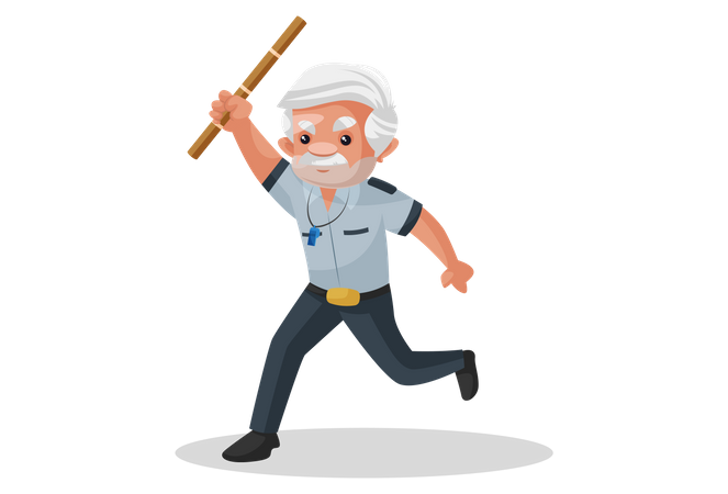 Security guard running and raising wooden stick in air  Illustration