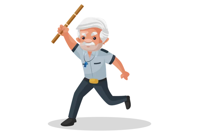 Security guard running and raising wooden stick in air  Illustration