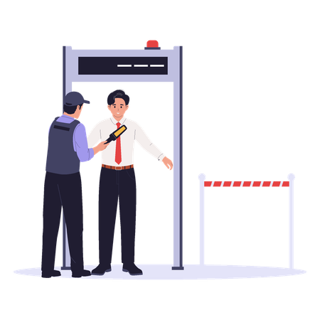 Security Guard Scanning Person at Checkpoint Gate  Illustration