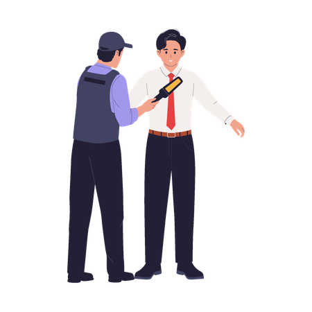 Security Guard Using Hand Scanner on Businessman  Illustration