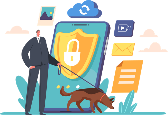 Security guard with Shepherd Dog Protect Mobile Phone Illustration