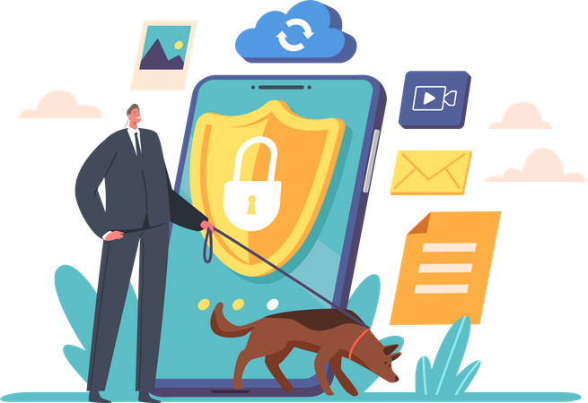 Security guard with Shepherd Dog Protect Mobile Phone  Illustration