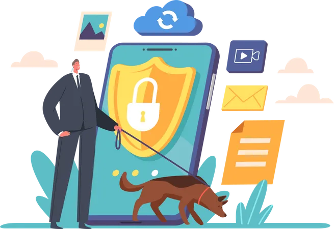 Security guard with Shepherd Dog Protect Mobile Phone  Illustration