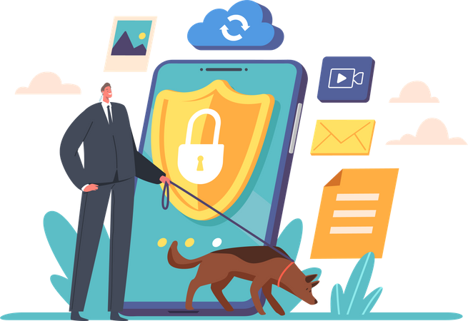 Security guard with Shepherd Dog Protect Mobile Phone  Illustration