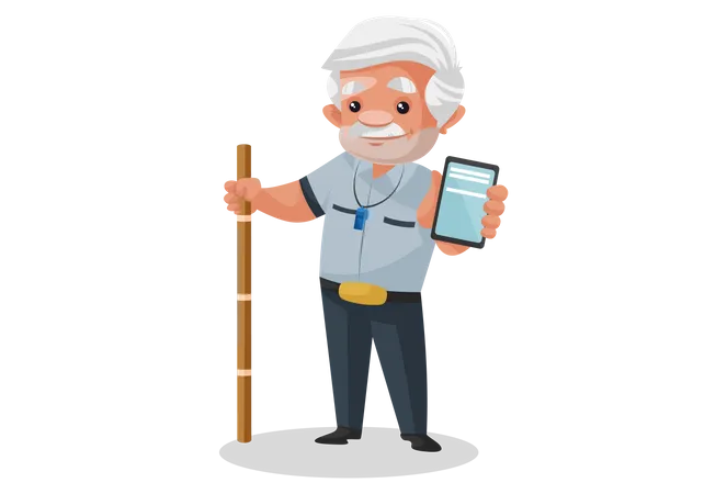 Security man holding mobile and wooden stick Illustration